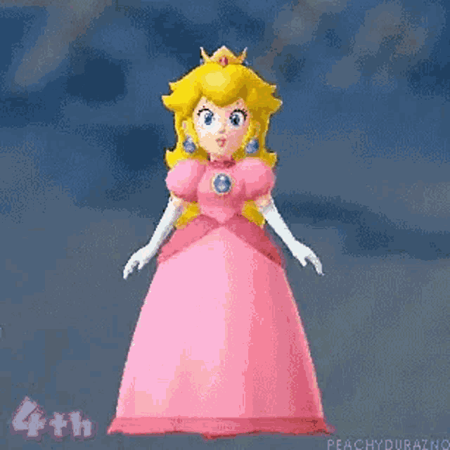 princess peach is wearing a pink dress and white gloves and is standing in a video game .