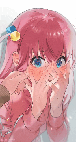 a drawing of a girl with pink hair covering her face with her hands