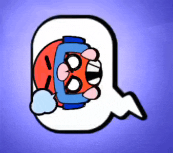 a red and blue cartoon character with a speech bubble behind it
