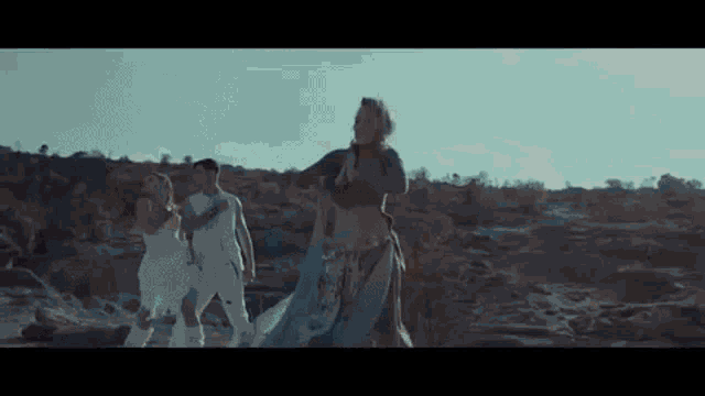 a group of people are standing in a desert .