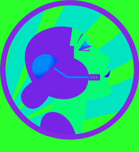 a purple and green circle with a silhouette of a person in it