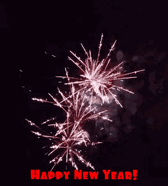 a firework display with the words happy new year in red