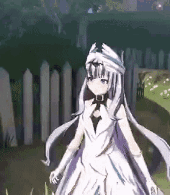 a girl in a white dress and gloves is standing in front of a fence in a video game .