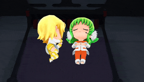 a cartoon character with yellow hair and a green head is standing next to another character with green hair