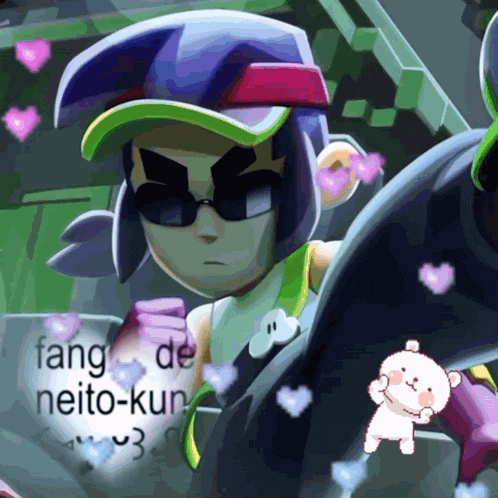 a cartoon character with a hat and sunglasses is surrounded by hearts and the words fang de neito-kun