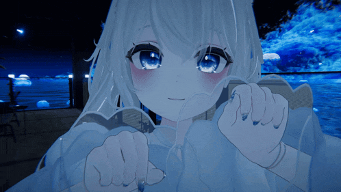 a cartoon girl with white hair and blue eyes looks at the camera