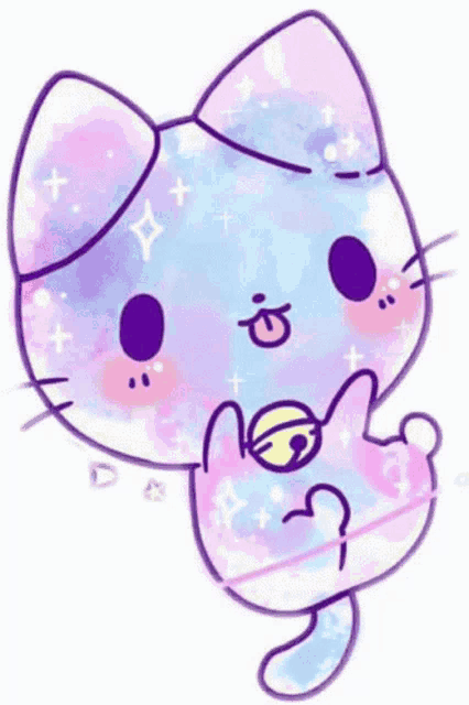 a drawing of a blue and purple cat with a bell on its belly .