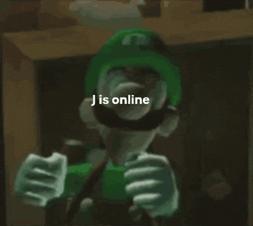 a cartoon character with a green hat and a mustache is holding a bottle of beer and says j is online .