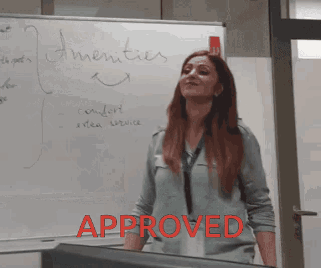 a woman stands in front of a whiteboard that says " amenities " on it
