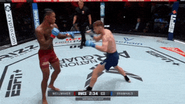 two men are fighting in a boxing ring with ads for bud light and crypto.com