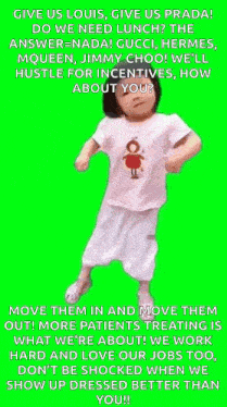 a little girl is standing on a green screen with a quote about prada