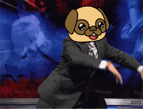 a man in a suit and tie with a pug face on his face