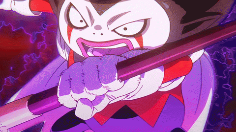 a cartoon character is holding a purple stick in his fist