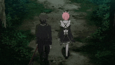 a man and a girl are walking down a path in the woods