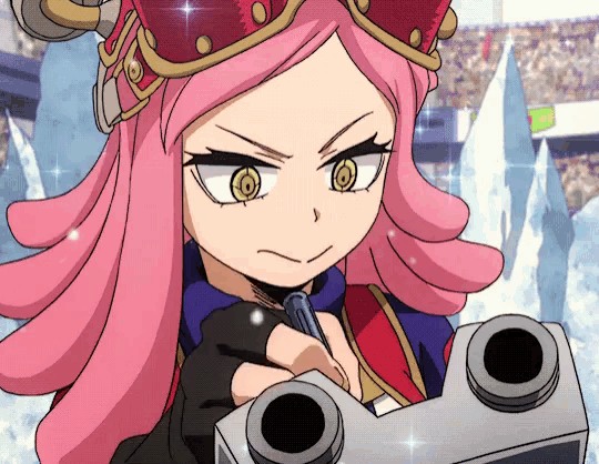 a girl with pink hair and a crown on her head is holding a gun