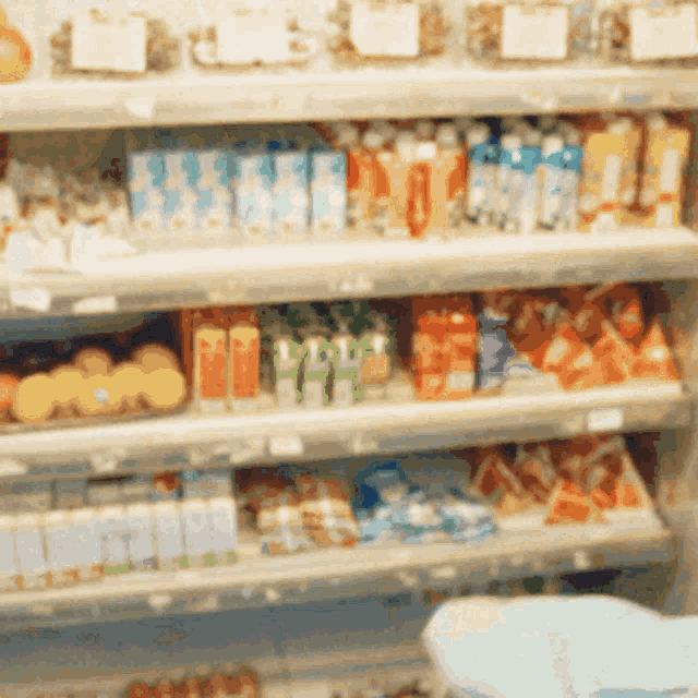 a blurred image of a grocery store shelf filled with lots of items