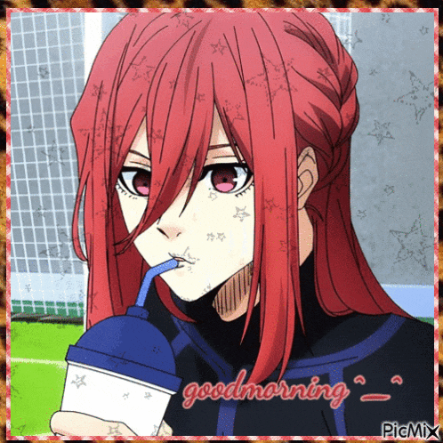 a girl with red hair is drinking from a blue cup with the words good morning written on it