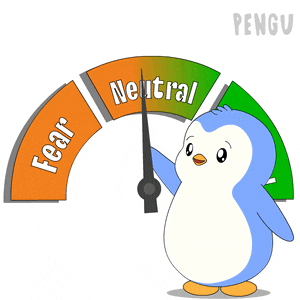a cartoon penguin is holding a gauge that says " fear " and " neutral "