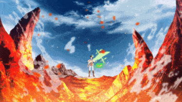 a man in a white shirt stands in the middle of a fire filled mountain