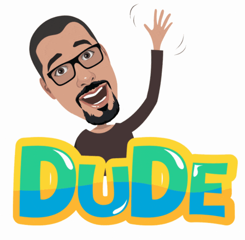 a cartoon of a man with glasses and the word dude below him