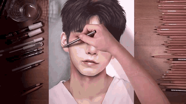 a person is drawing a man 's face with a pencil on a wooden table