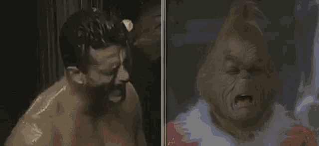 a man is taking a shower next to a picture of the grinch