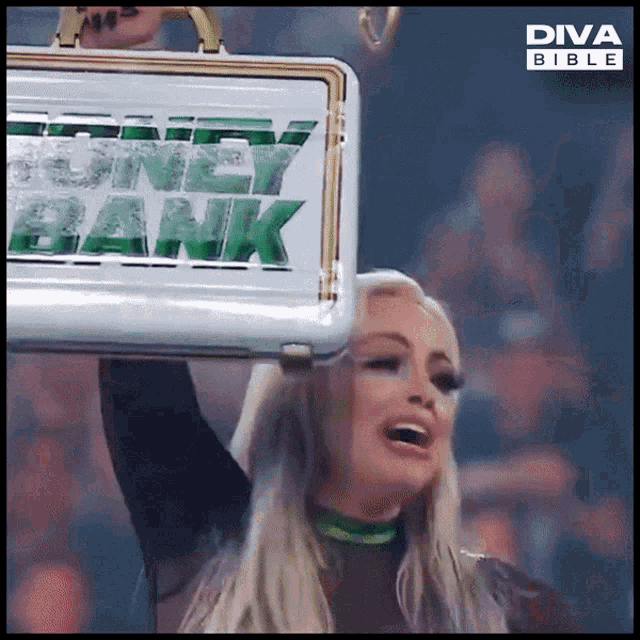 a woman is holding a briefcase that says money bank on it