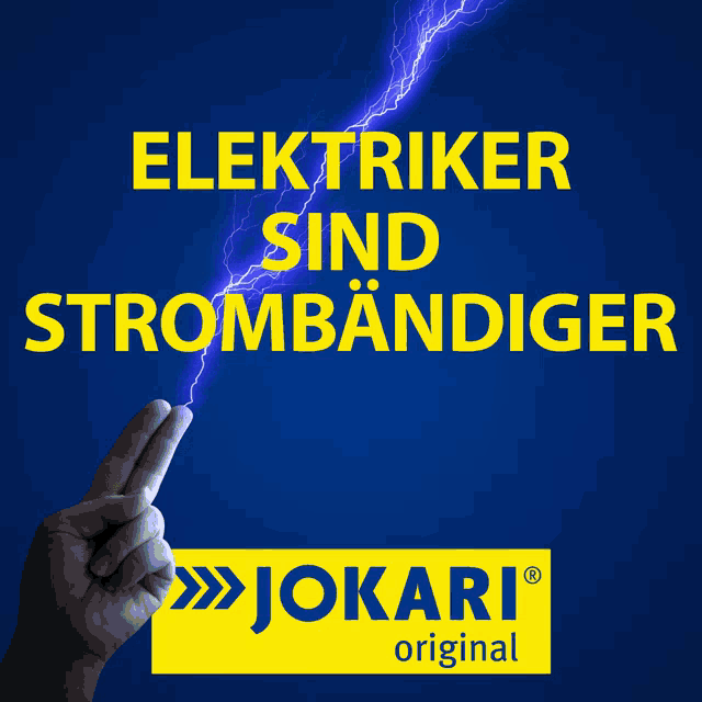 an advertisement for jokari original shows a hand holding a lightning bolt in front of a blue background