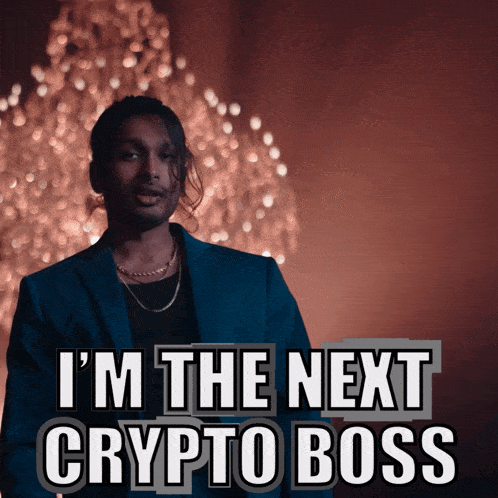 a man in a suit is standing in front of a christmas tree and says i 'm the next crypto boss