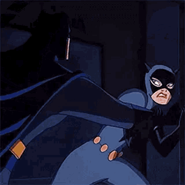 batman and catwoman are fighting in a dark room in a cartoon .