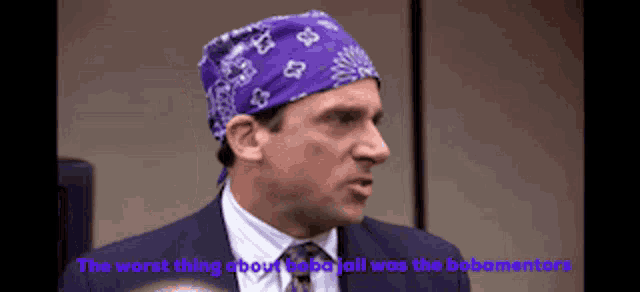 a man wearing a purple bandana and a suit says the worst thing about social media was the bobementioners