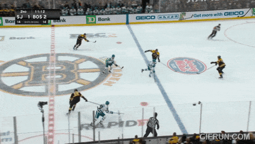 a hockey game is being played in front of a crowd with an ad for geico in the background