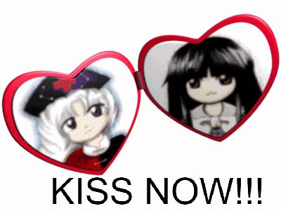 a picture of two anime girls with the words kiss now written below them