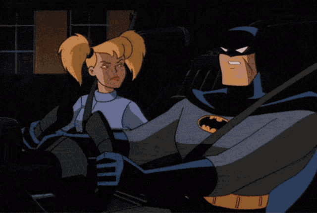 a cartoon of batman holding a girl 's hair