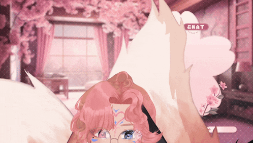 a girl with pink hair and glasses is in a room with flowers and a chat button