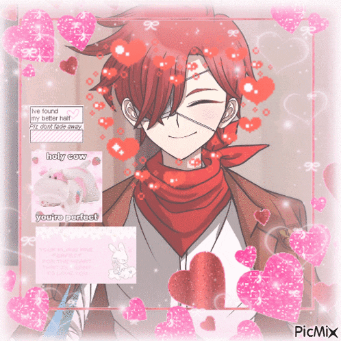 a picture of a boy with a bandage on his eye is surrounded by pink hearts and says picmix at the bottom