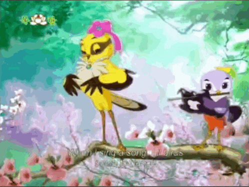 a yellow bird with a pink hat is standing on a tree branch next to a purple bird