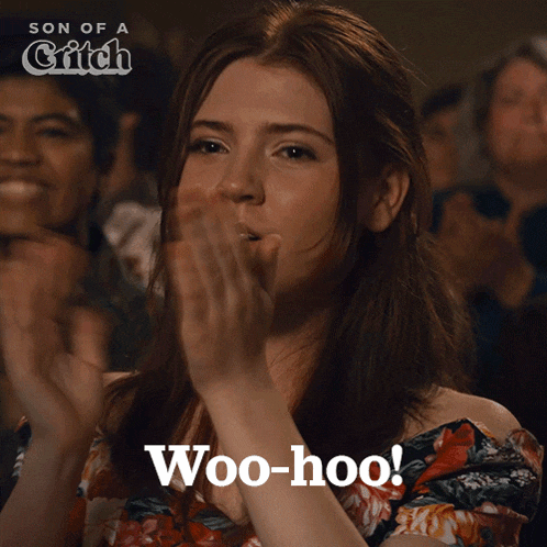a woman applauds with the words woo-hoo written below her