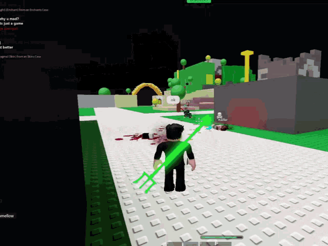 a screenshot of a video game with a green sword