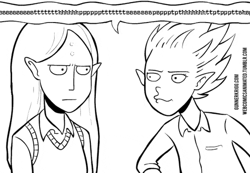 a black and white drawing of a boy and a girl with a speech bubble that says welcomekrieg.com