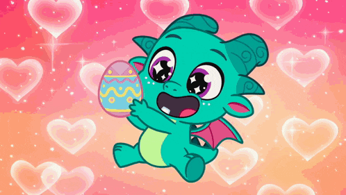 a cartoon dragon is holding an easter egg with hearts in the background