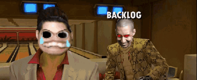 two men in a bowling alley with the word backlog on the bottom right