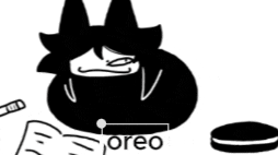 a black and white drawing of a person sitting next to an oreo cookie and a pencil .
