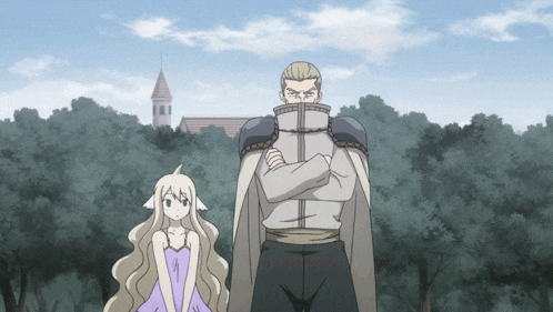 a man and a girl are standing next to each other in a forest