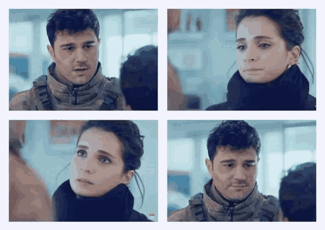 a man and a woman are looking at each other in four pictures