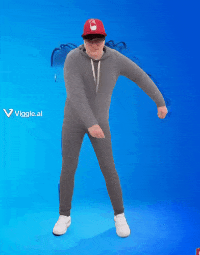 a man wearing a red hat and glasses is dancing in front of a blue background that says veggie.al