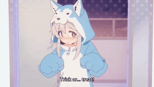 a girl in a dog costume says trick or treat on the bottom