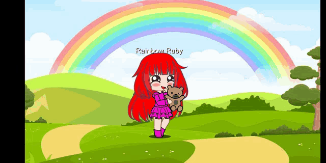 a girl with red hair is holding a teddy bear in front of a rainbow ..