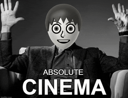 a man in a suit is sitting in a chair with his hands in the air and the words absolute cinema above him