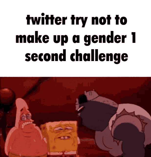 a cartoon of spongebob and patrick saying twitter try not to make up a gender 1 second challenge ..